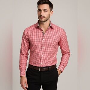 Bugatchi‎ Uomo Men’s Shirt L/S Red Gingham Plaid Button Up Sz 16 M